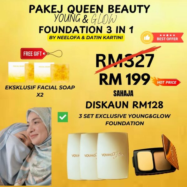 Pakej Beauty Queen Young & Glow 3 Set +2 Freegifts Facial Soap